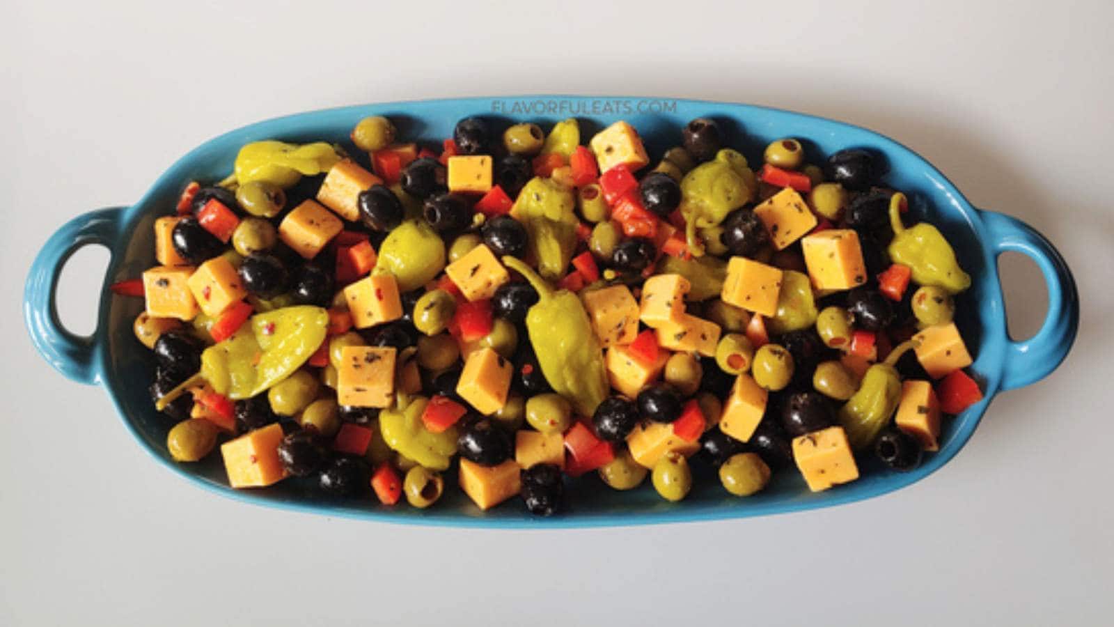 Marinated Cheese And Olive Antipasto recipe by Flavorful Eats.