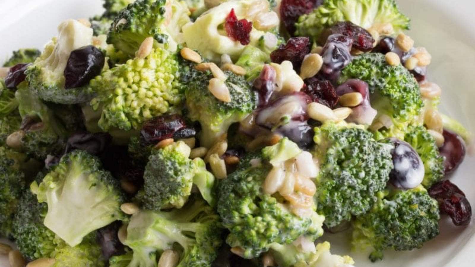 Broccoli Salad With Cranberries And Sunflower Seeds recipe by Pear Tree Kitchen.