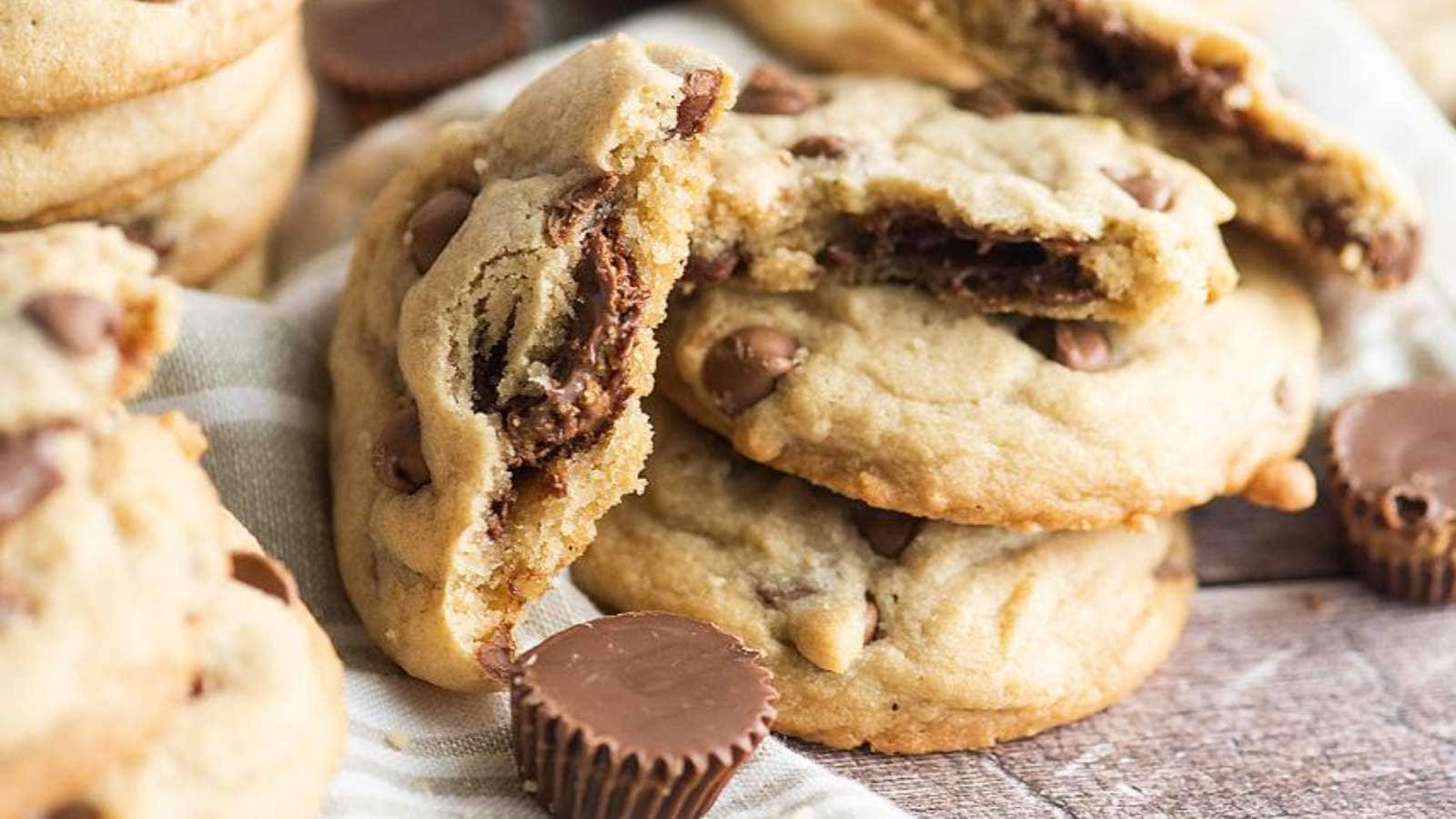 Chocolate Chip Reese’s Peanut Butter Cup Stuffed Cookies recipe by XoxoBella.