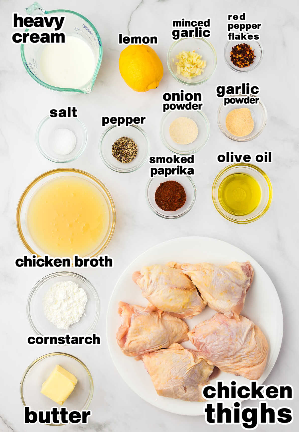 Ingredients needed to make Creamy Cast Iron Chicken Thighs.