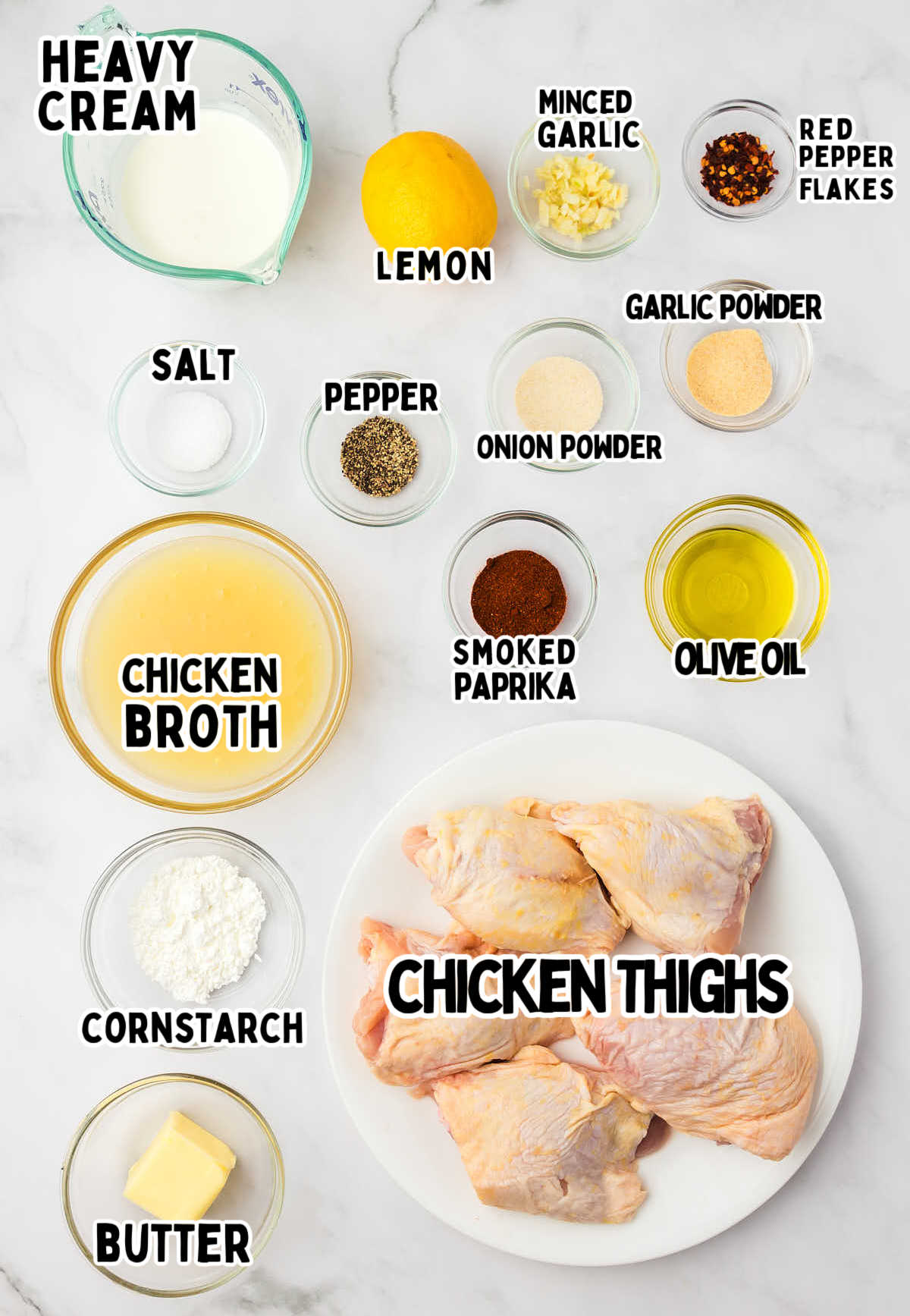 Ingredients needed to make Creamy Cast Iron Chicken Thighs.