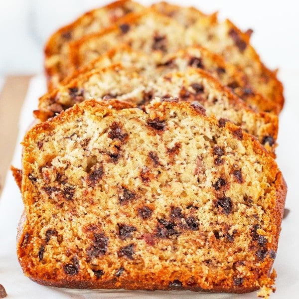 Sliced Chocolate Chip Banana Bread.