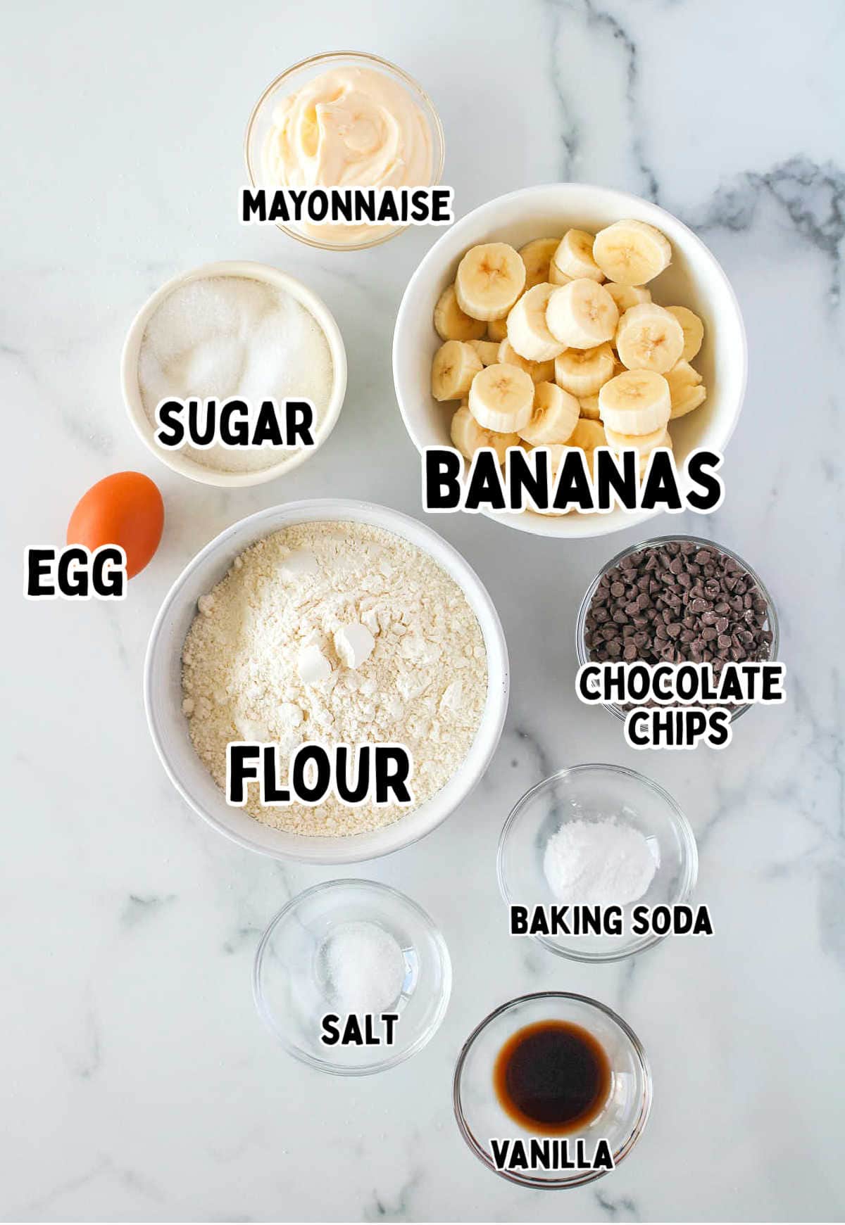 Ingredients needed to make a Chocolate Chip Banana Bread.