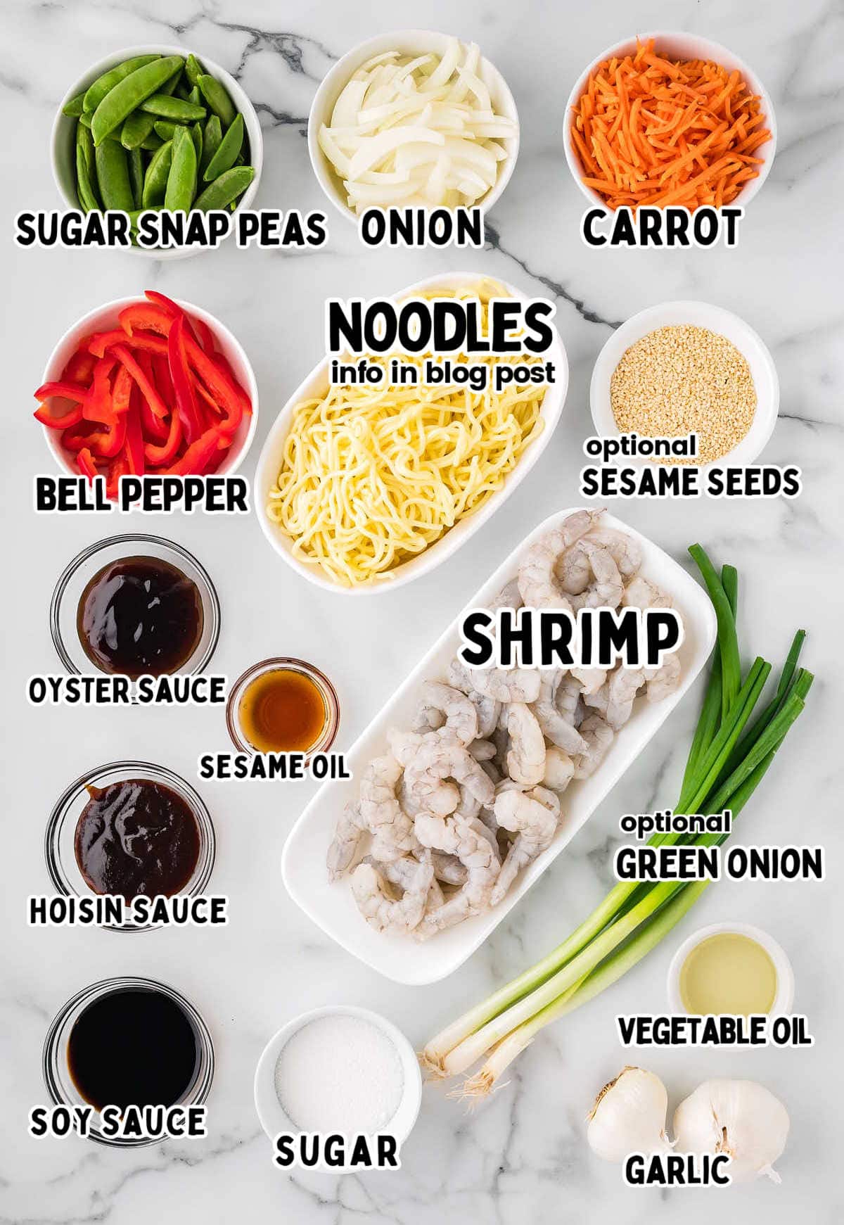 Ingredients needed to make Shrimp Lo Mein.