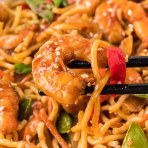 Close-up of Shrimp Lo Mein served with chopsticks.