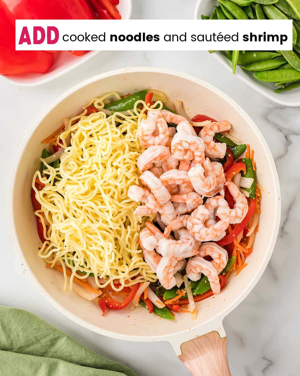 Process Step: Add noodles and shrimp.