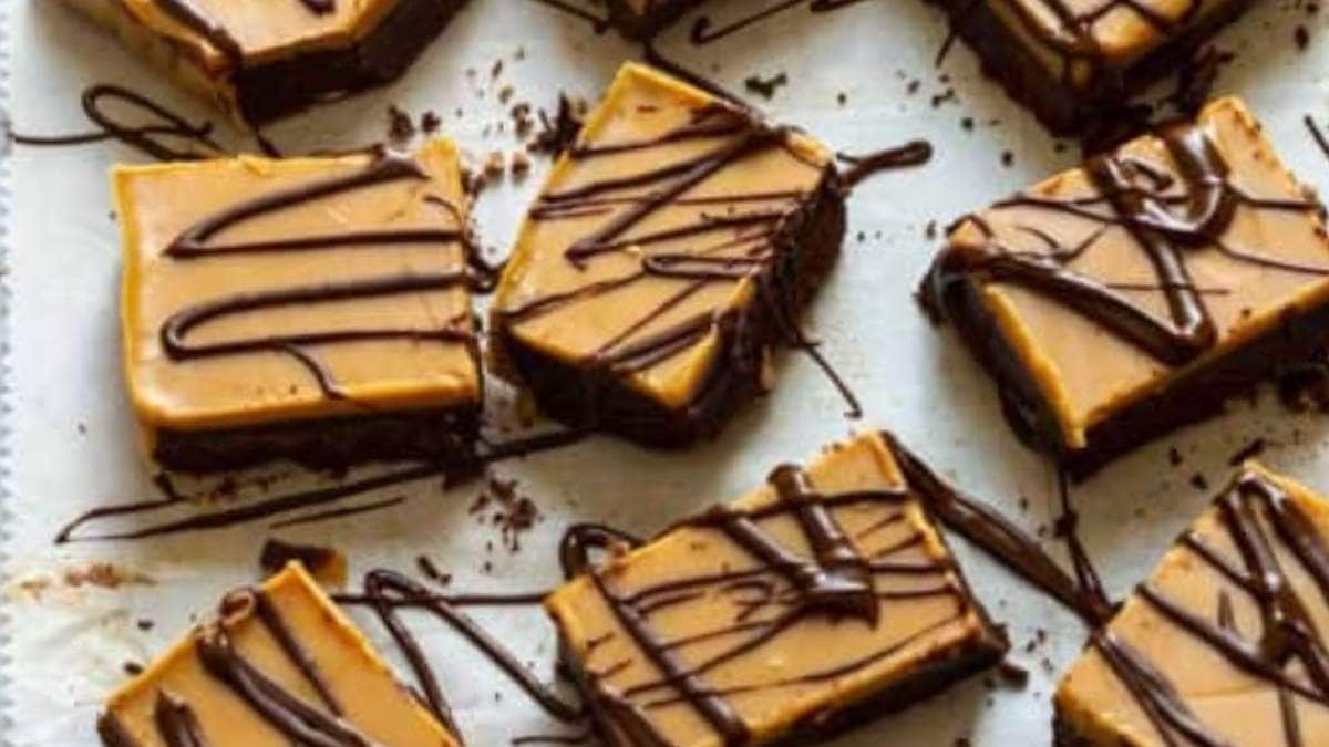 No-bake peanut butter fudge brownies on a baking sheet.
