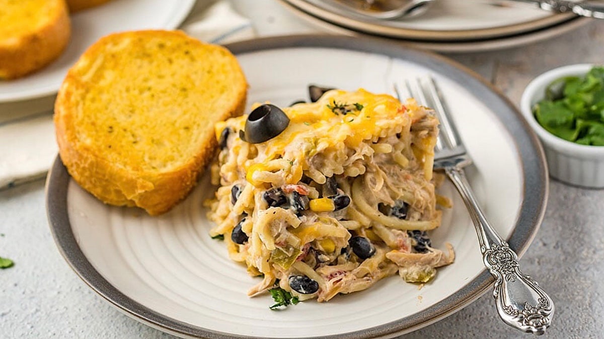 Fiesta Chicken Pasta Casserole Bake.