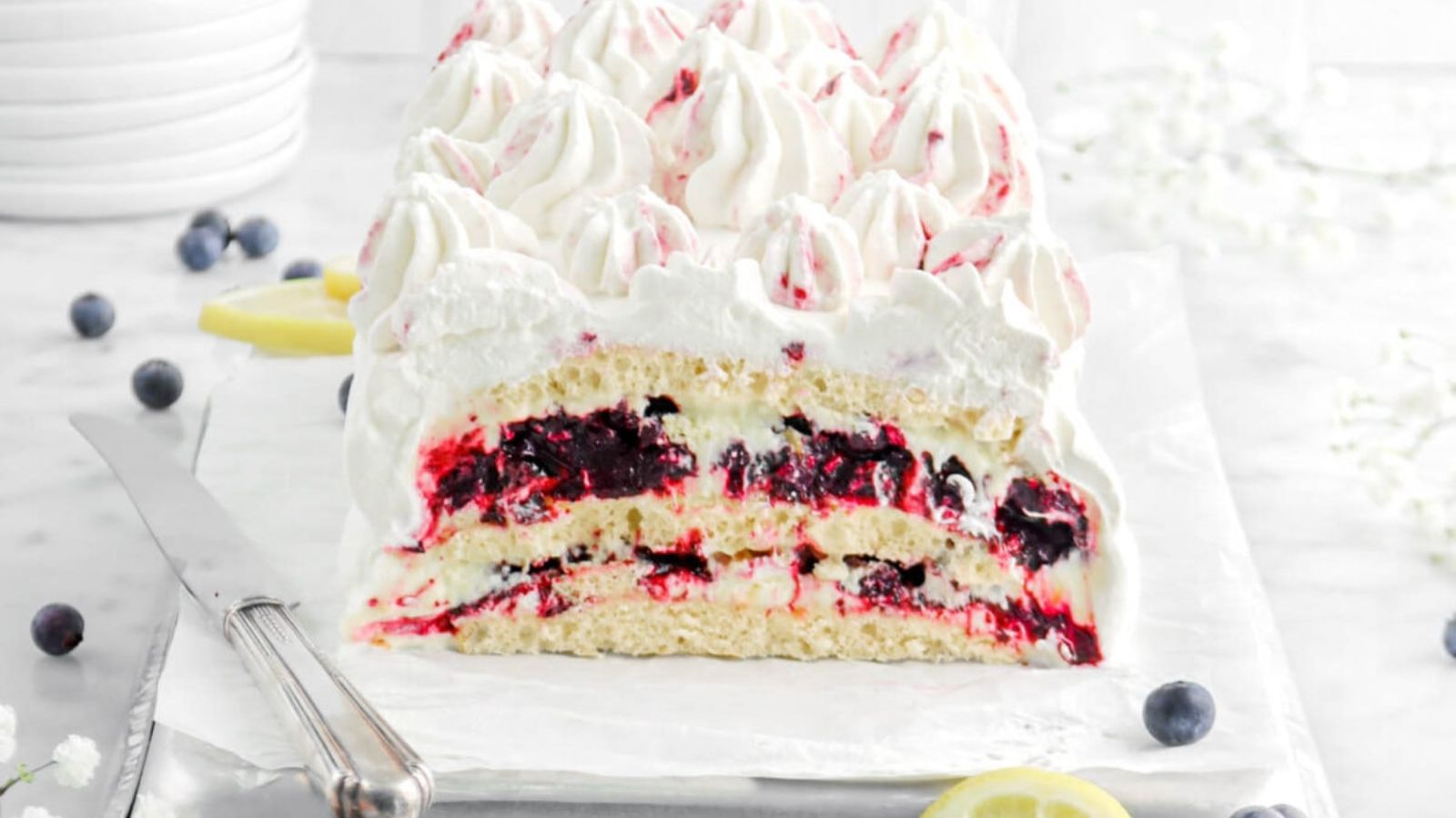 An icebox cake with lemon and blueberry filling.