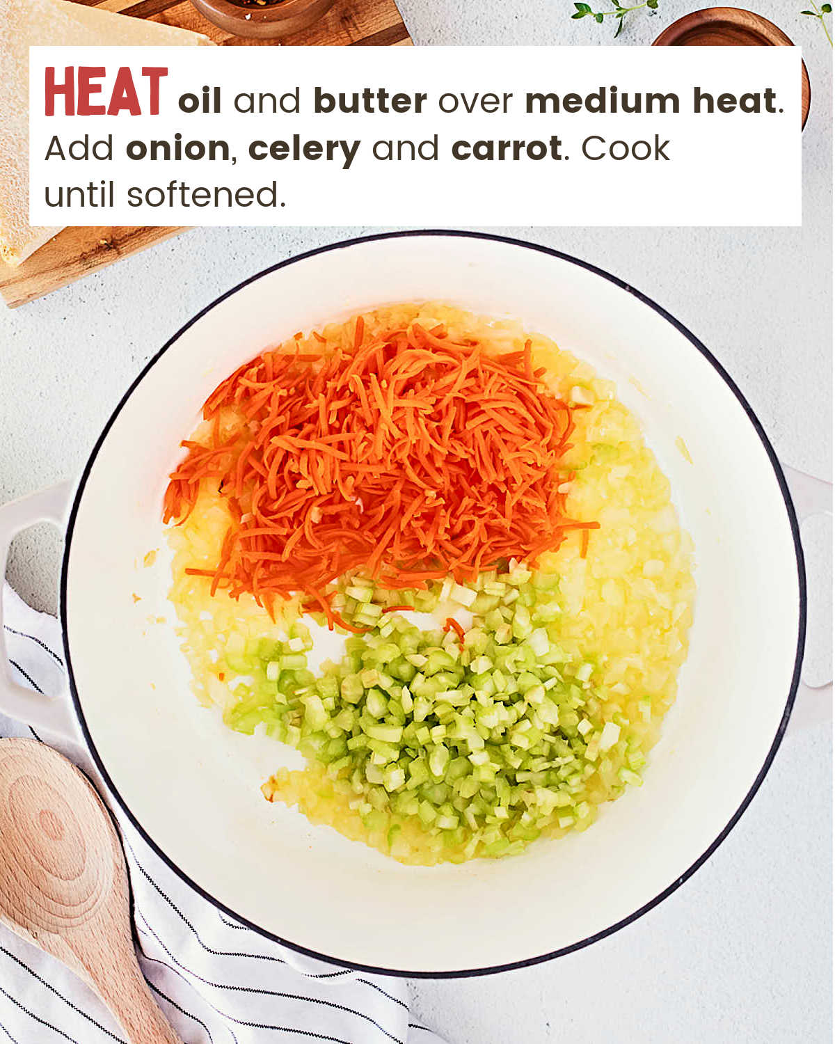 Heat butter over medium heat add onion, celery and carrot for Bolognese.