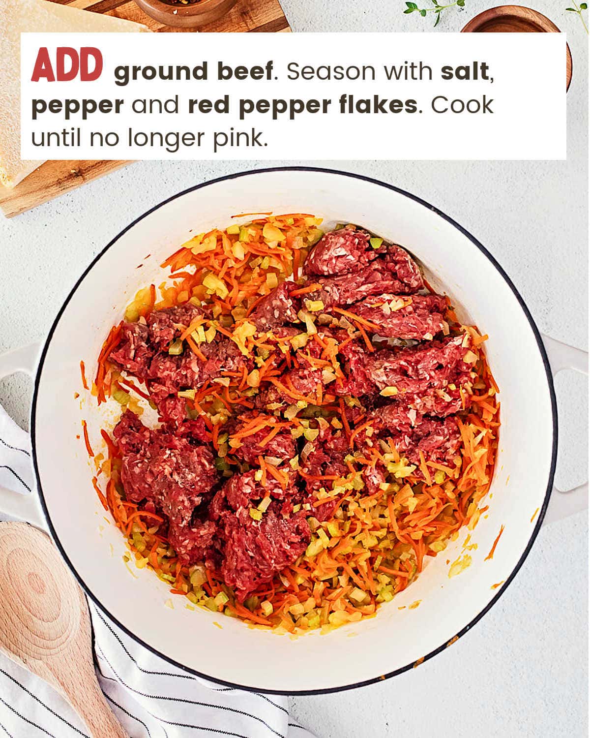 Add ground beef salt, pepper and red pepper for Bolognese,
