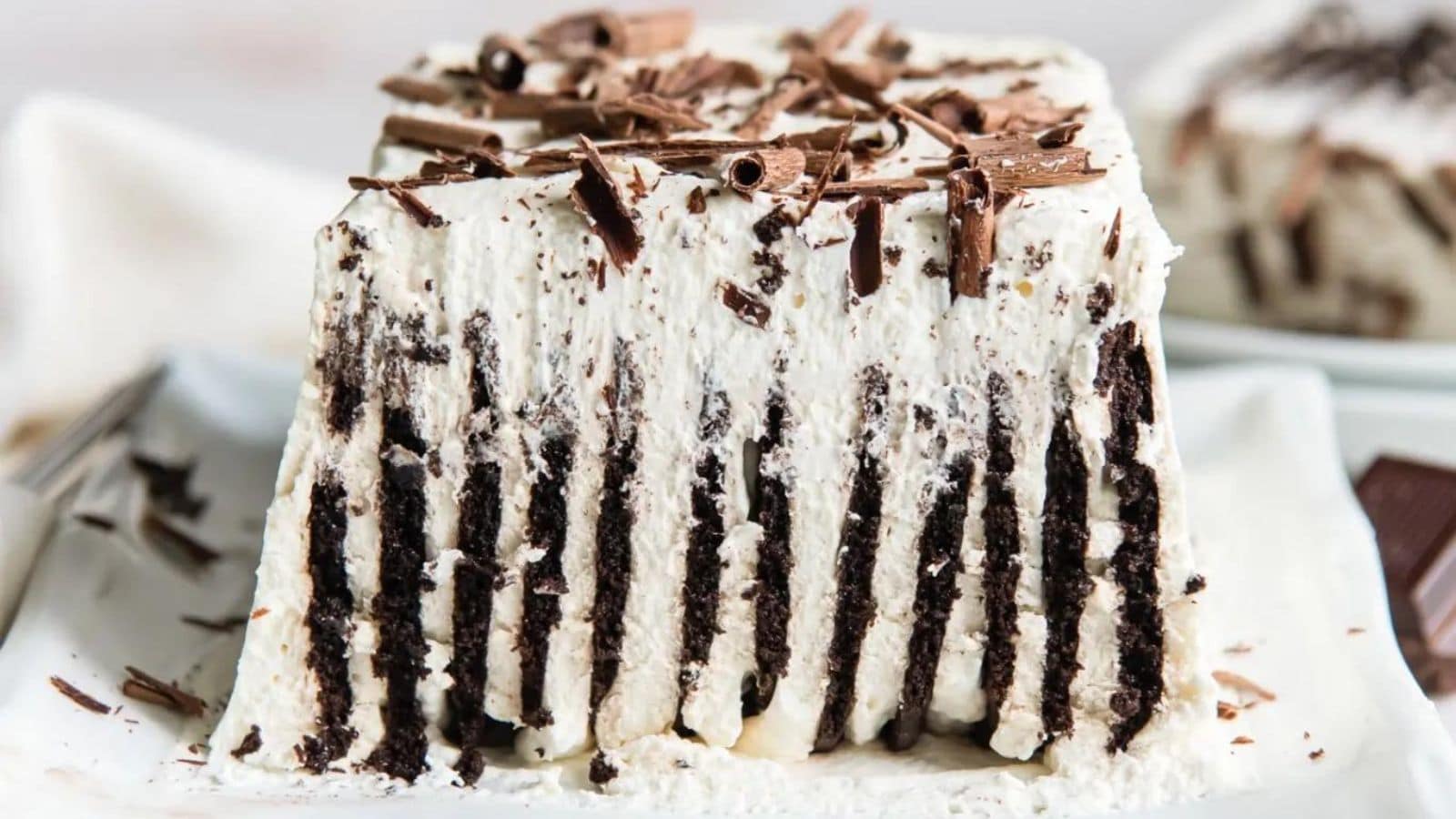 Layers of chocolate wafers and whipped cream to form a no-bake cake.