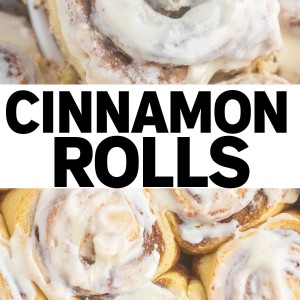 Cinnamon rolls in a white dish with the text easy homemade cinnamon rolls recipe.