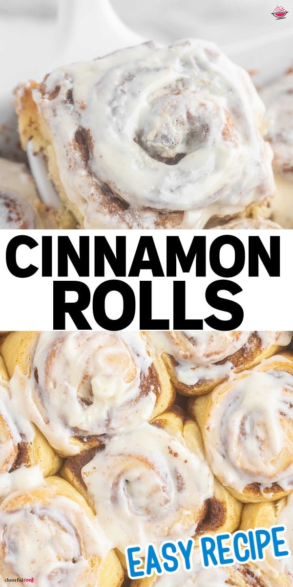 Cinnamon rolls in a white dish with the text easy homemade cinnamon rolls recipe.