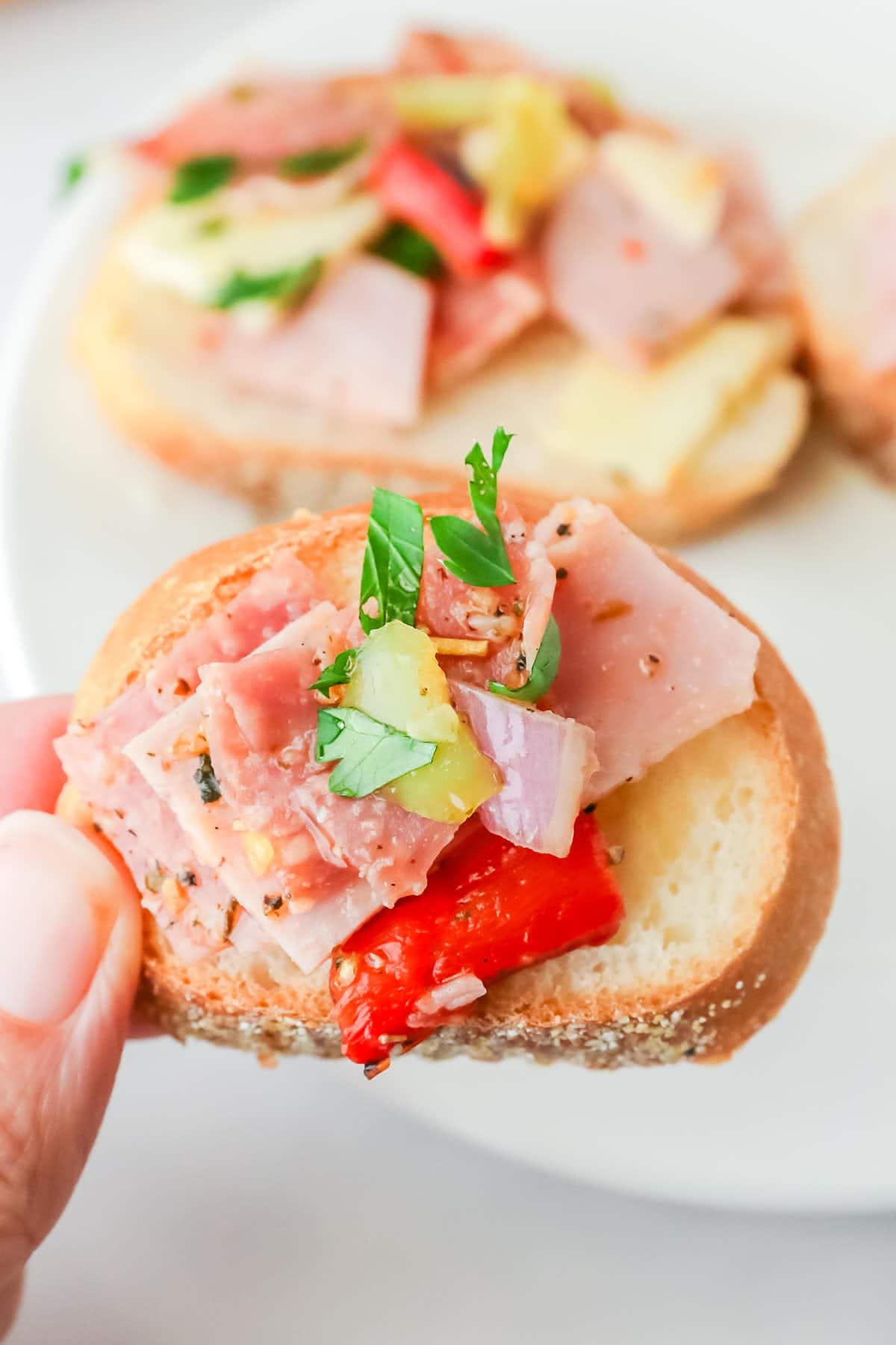 A person holding a Italian Hoagie with ham and peppers on it.