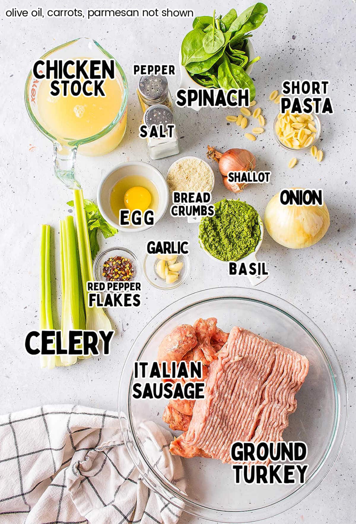 Ingredients needed to make an Italian Meatball Soup with Pesto.