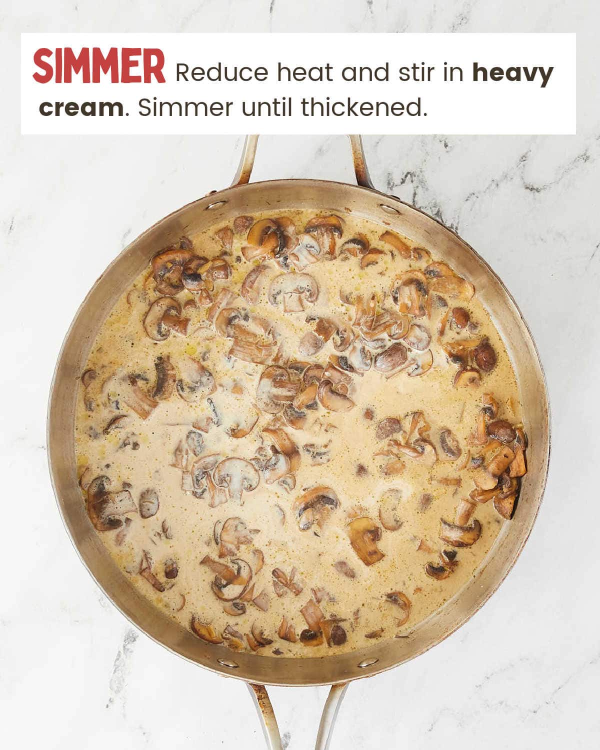 Adding cream to sauce for Chicken Marsala.