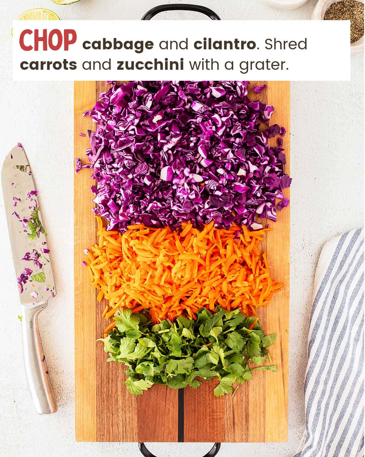 Chop cabbage and cilantro, shred carrots and zucchini for Cilantro Lime Coleslaw.