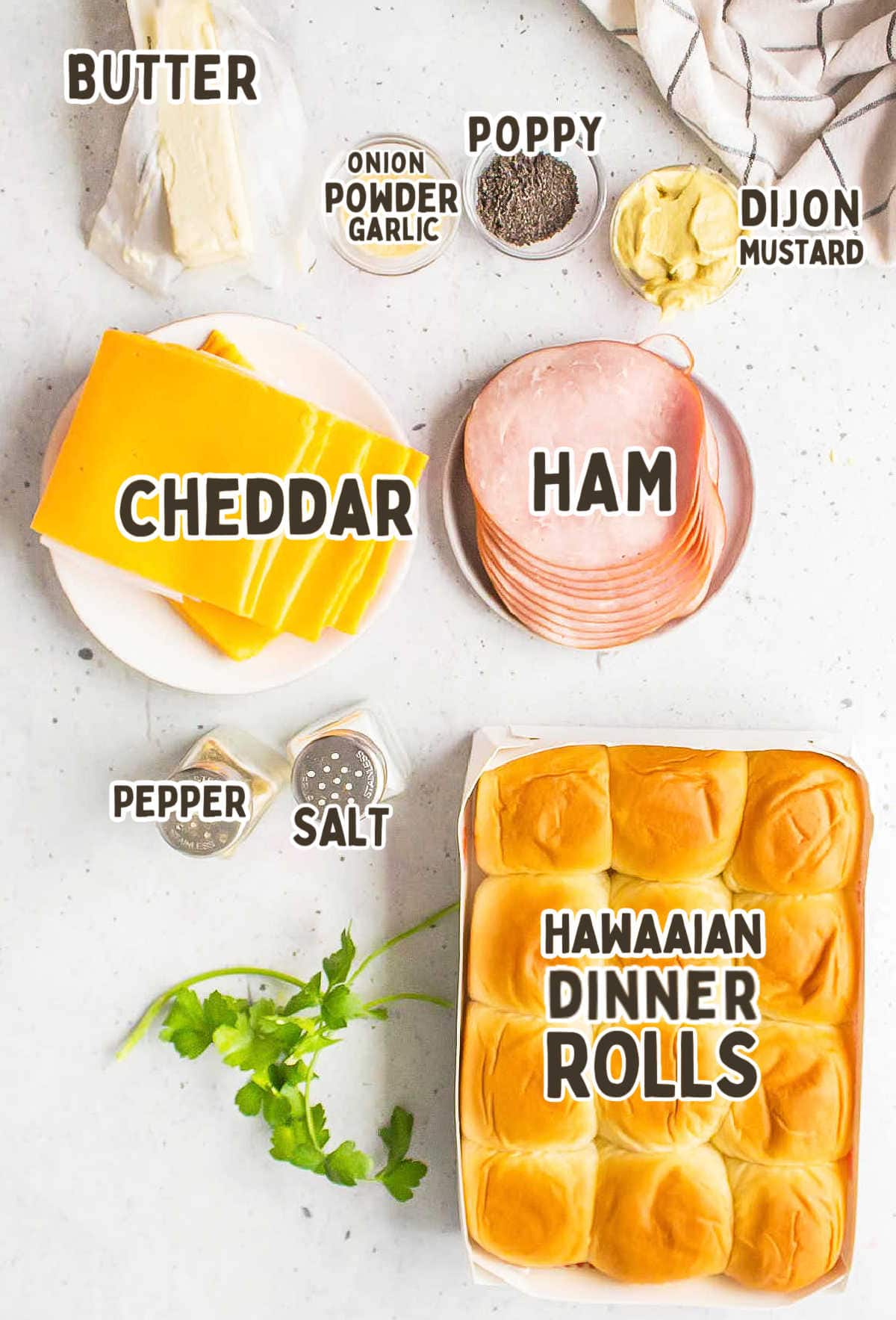 Ingredients needed to make Ham and Cheese Sliders.