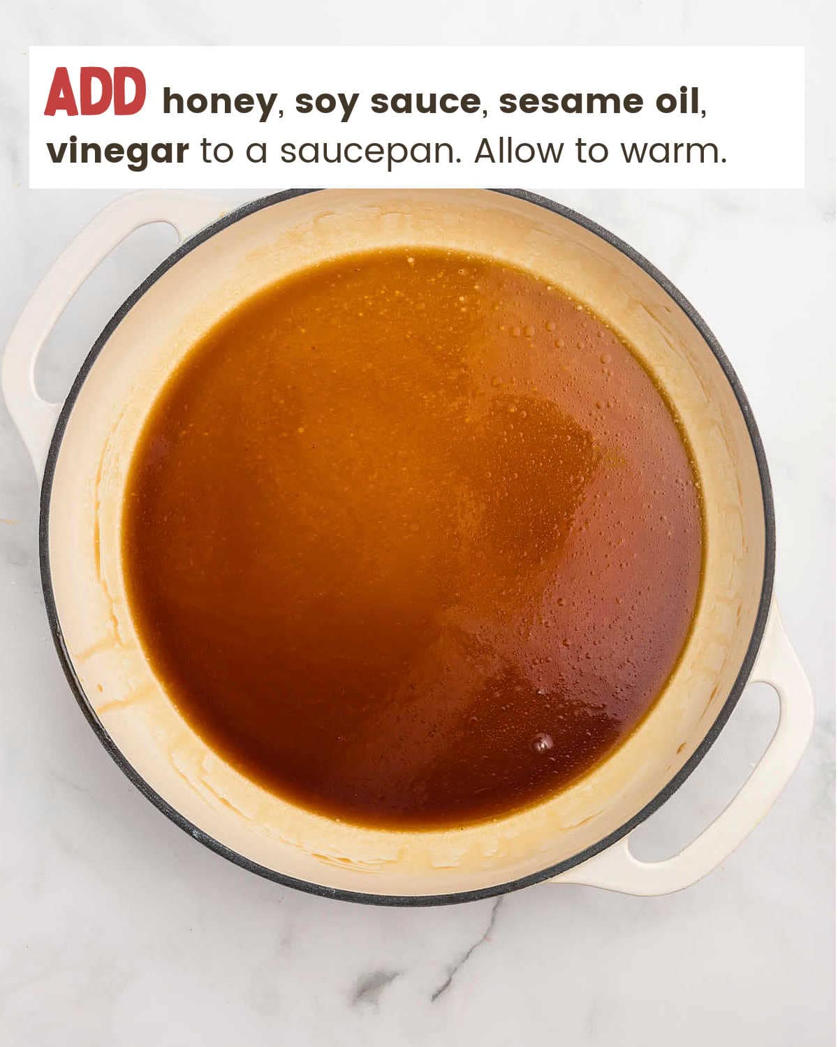 Add honey, sesame oil, and vinegar to a saucepan for Honey Garlic Chicken