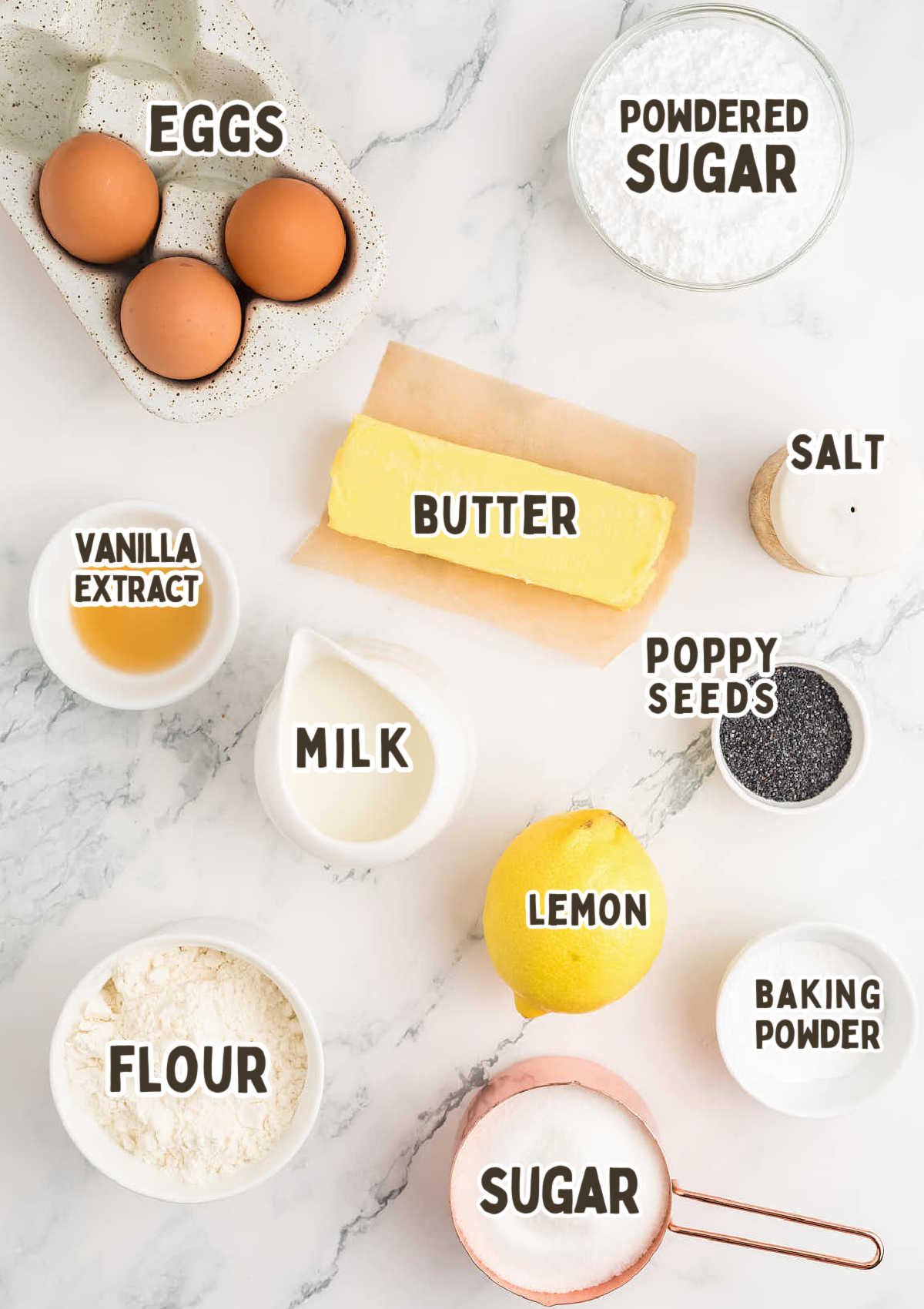 A list of ingredients for a Lemon Poppy Seed Loaf.