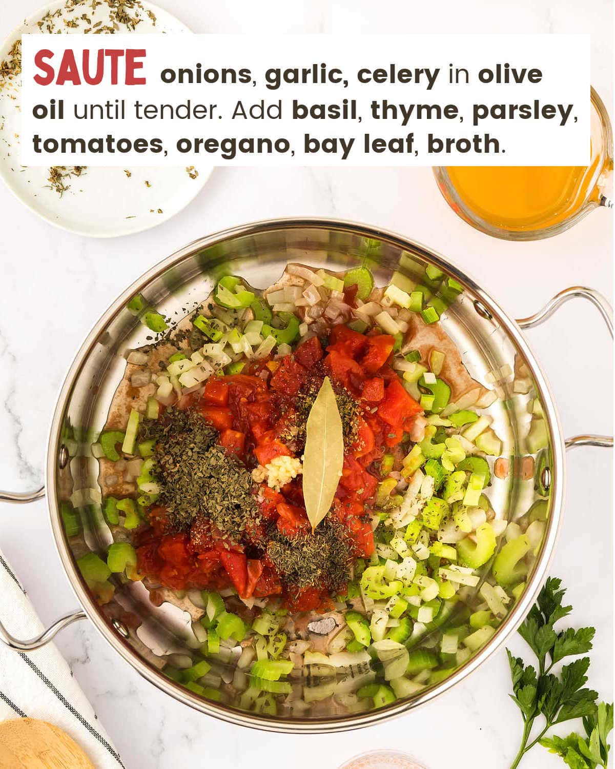 Saute ingredients in a pan to prepare Minestrone Soup.