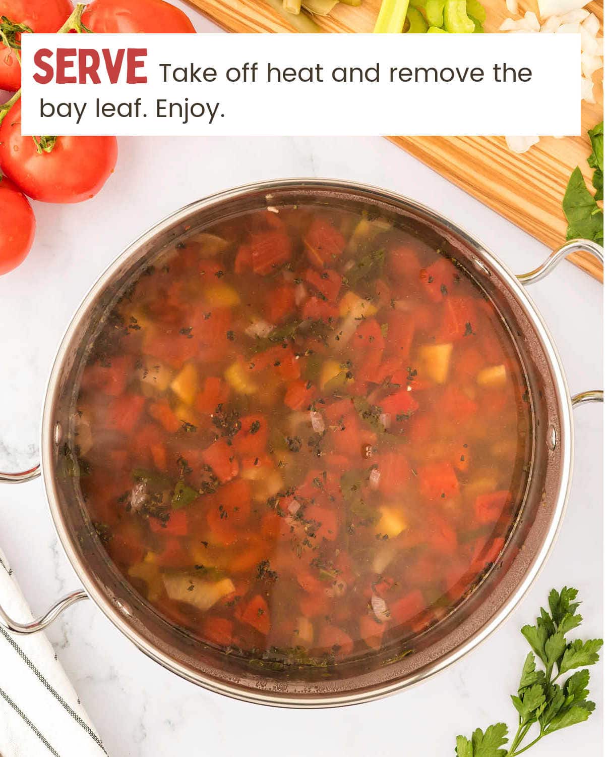 Serve off heat and remove the bay leaf to enjoy a delicious bowl of minestrone soup.