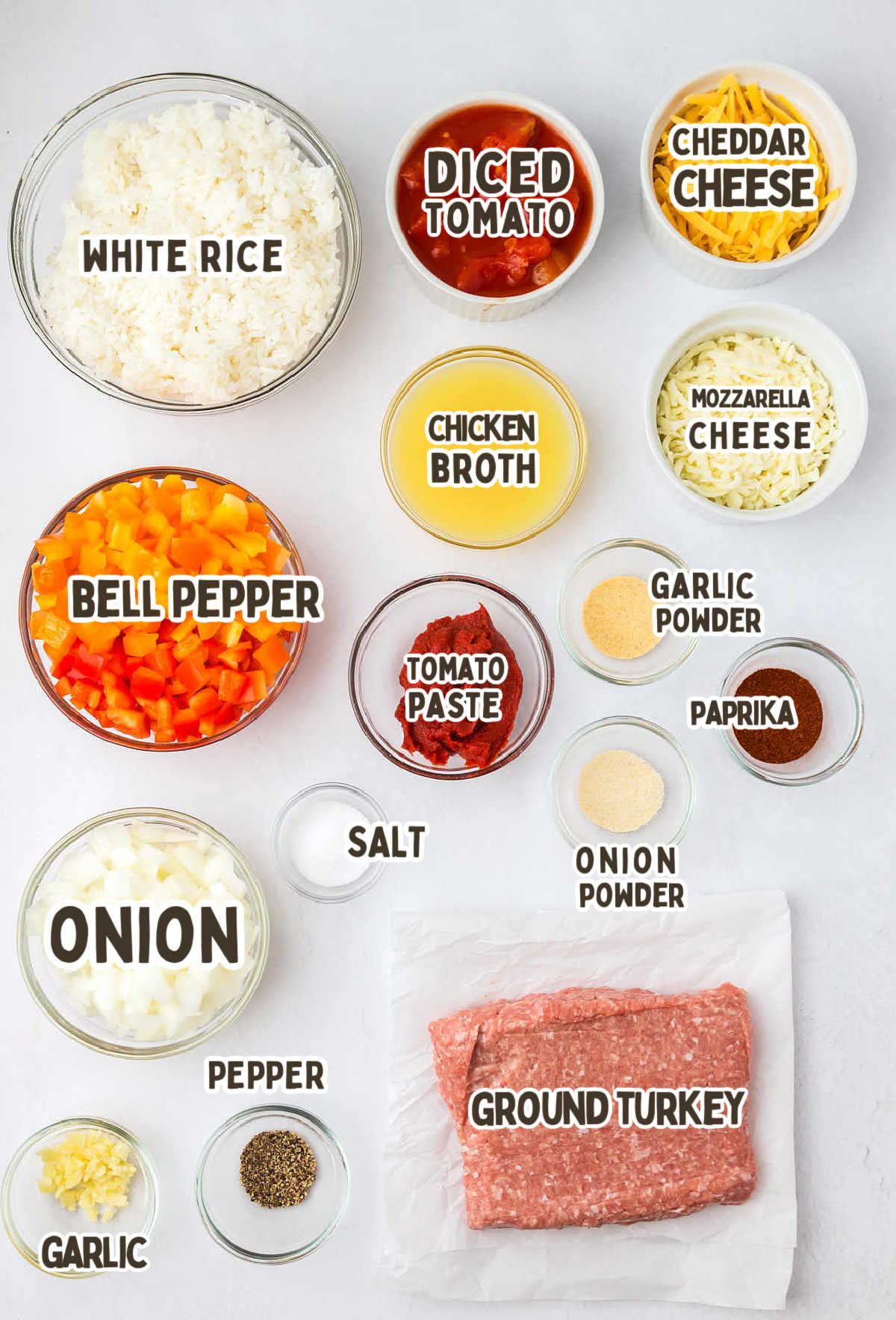 The ingredients for Stuffed Pepper Casserole on a white background.
