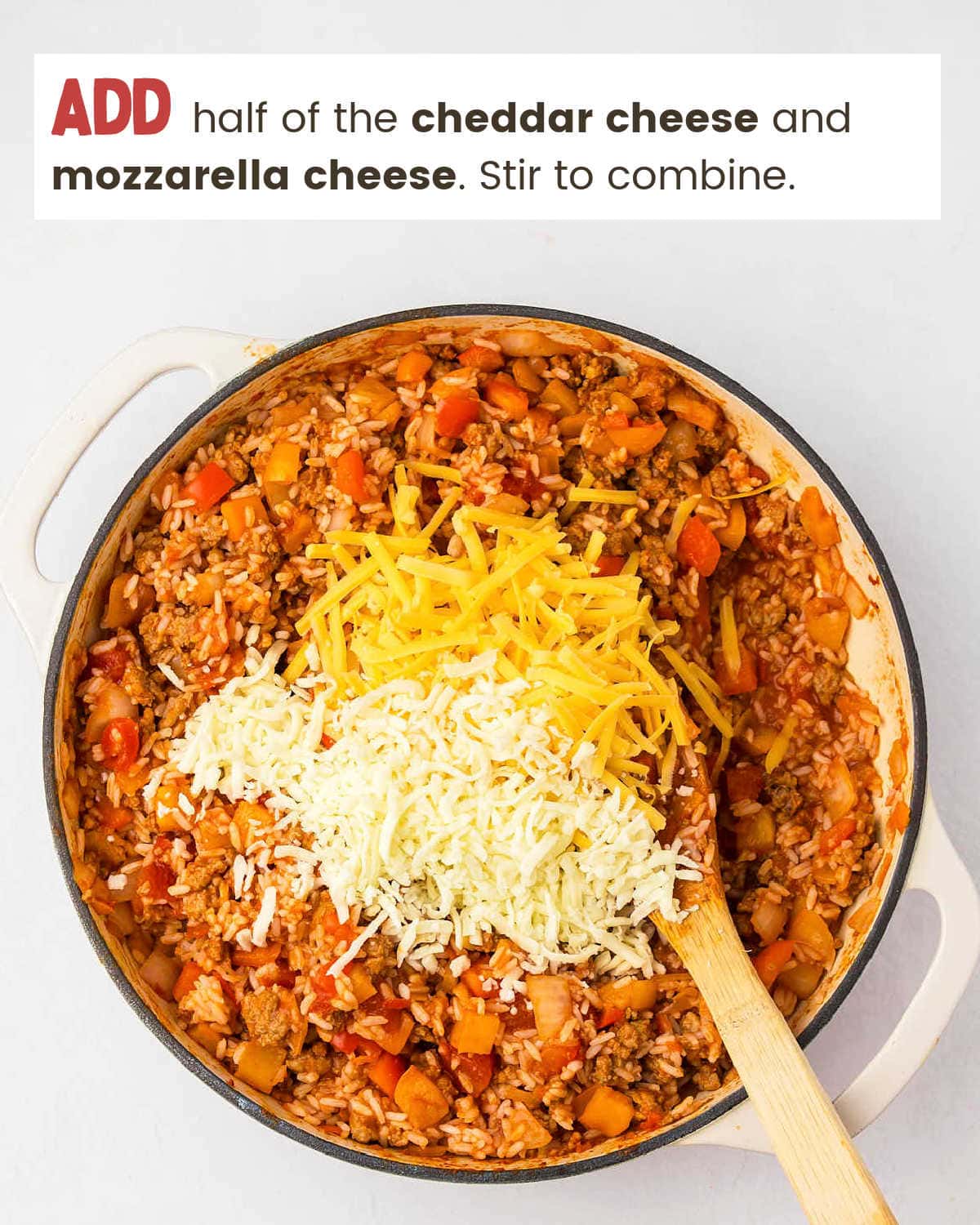 Add half the cheddar cheese and mozzerella cheese for Stuffed Pepper Casserole