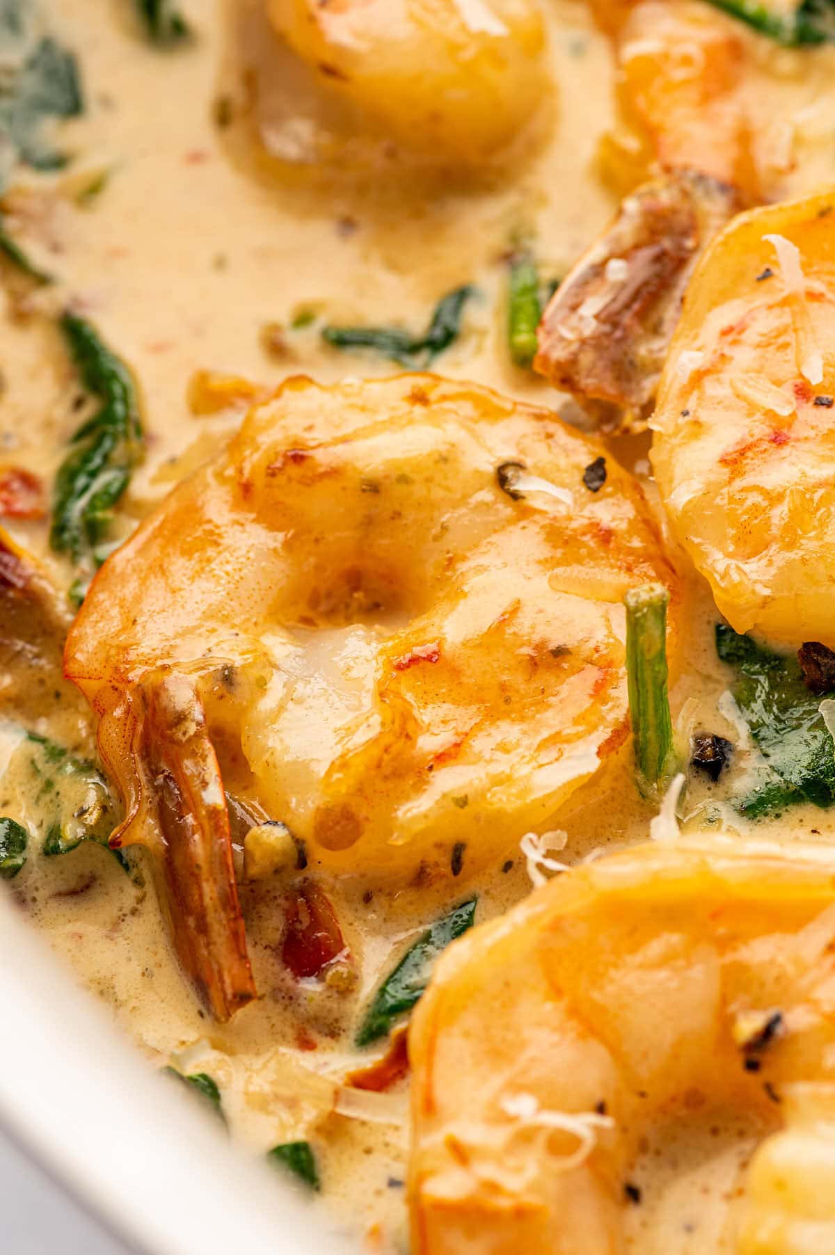 Closeup of creamy Tuscan Shrimp.