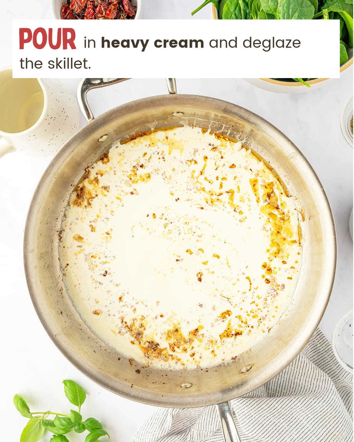 Deglaze pan with heavy cream for Tuscan Shrimp