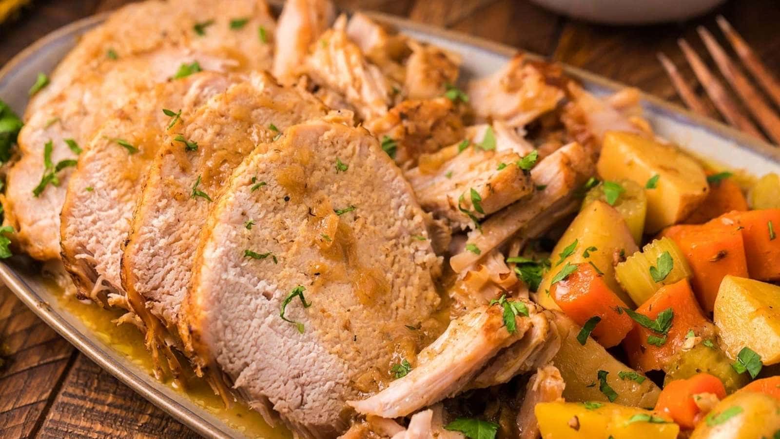 Pork tenderloin with carrots and potatoes on a plate.