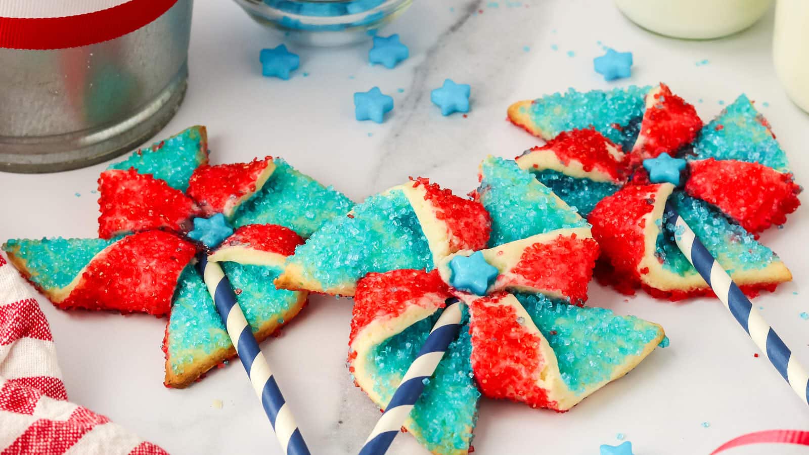 Pinwheel cookies decorated with red, white and blue icing.