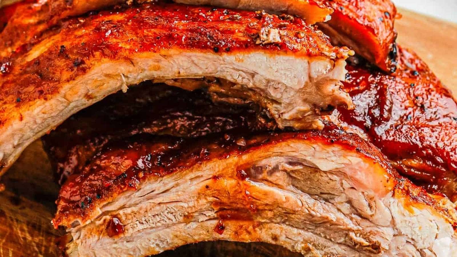 Bbq ribs on a wooden cutting board.