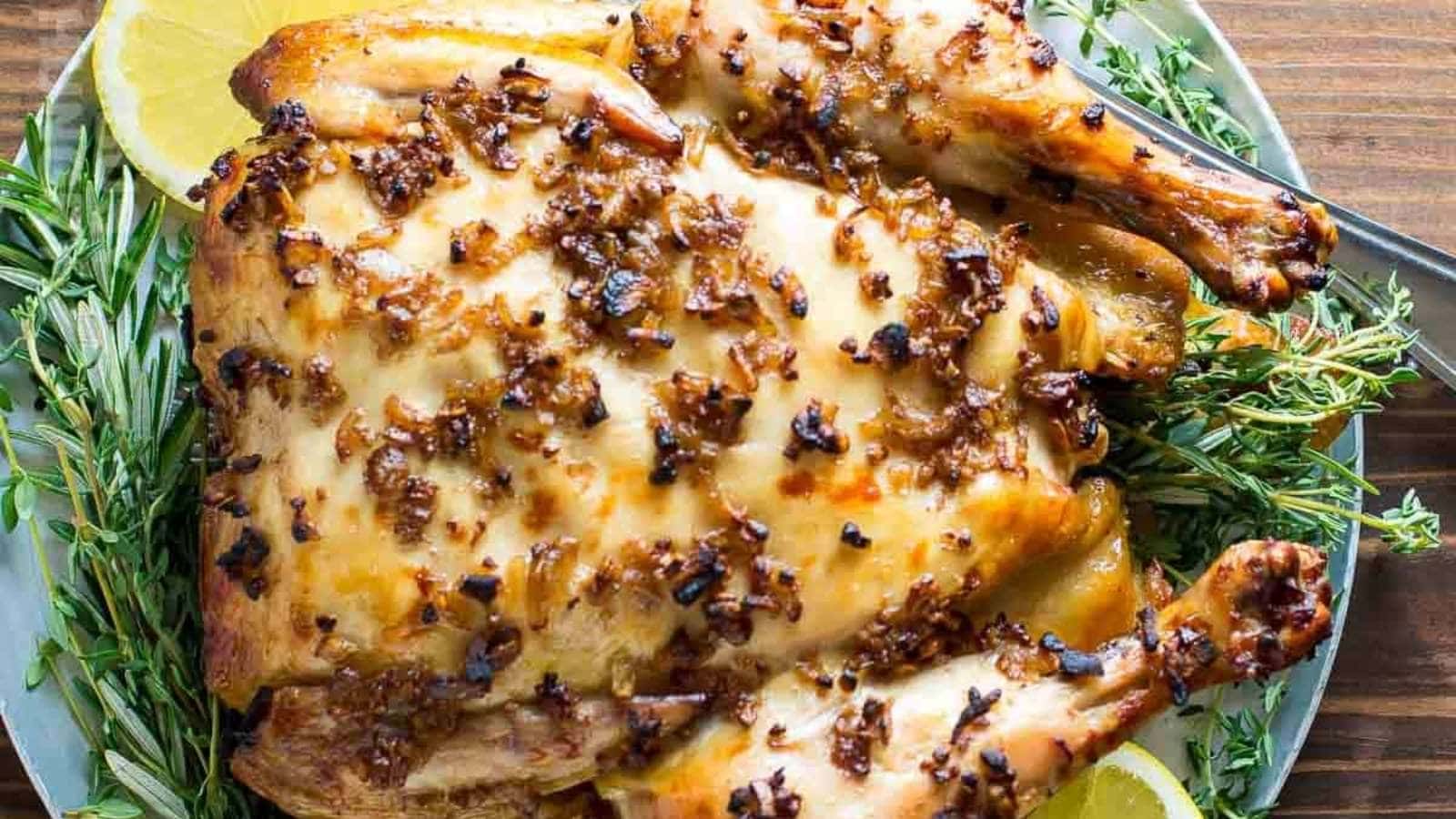 A roasted chicken on a plate with lemon wedges.