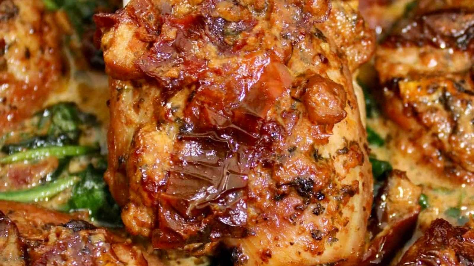 A close up of a dish with chicken and spinach.
