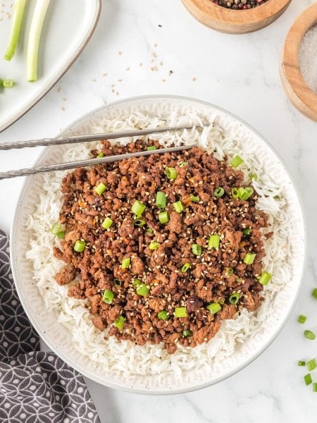 Korean Beef Bowl served in a while bowl.