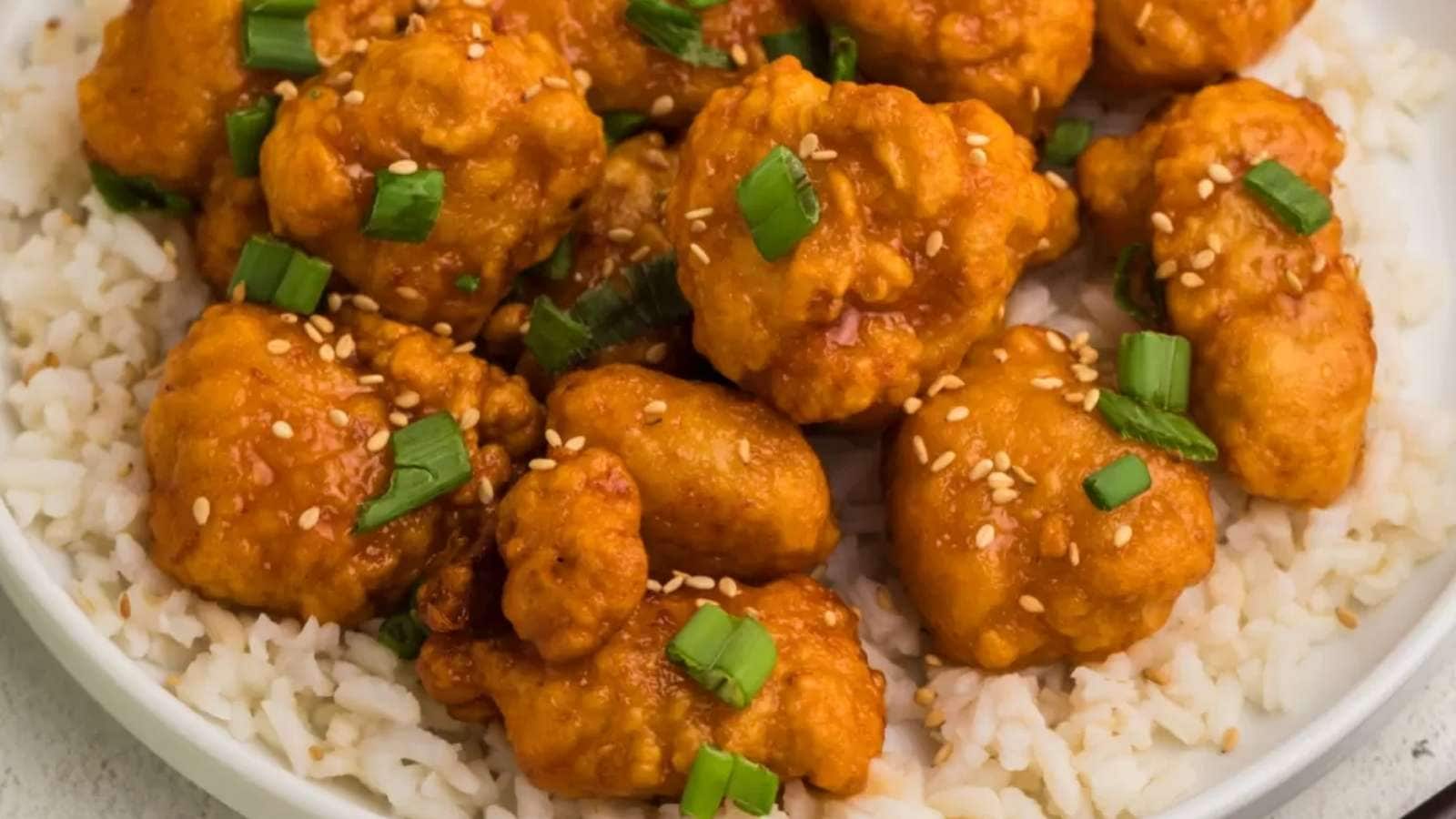 A plate of asian chicken with rice and sesame seeds.