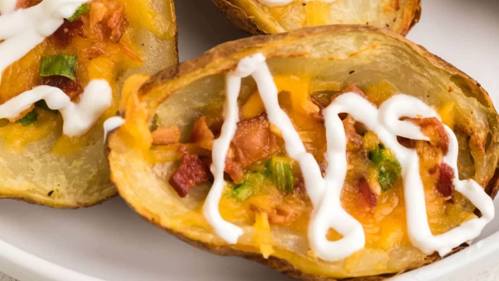 Cheesy potato skins with bacon and sour cream on a plate.