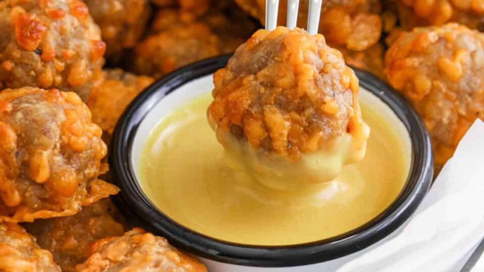 Cheesy meatballs with dipping sauce in a bowl.