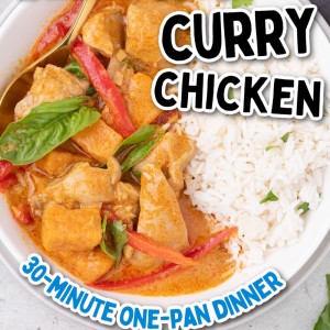 A bowl of Thai red curry chicken with a spoon.