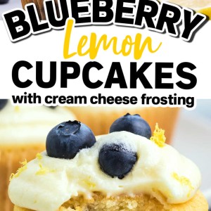 A close up of a cupcake with blueberries and cream cheese frosting.