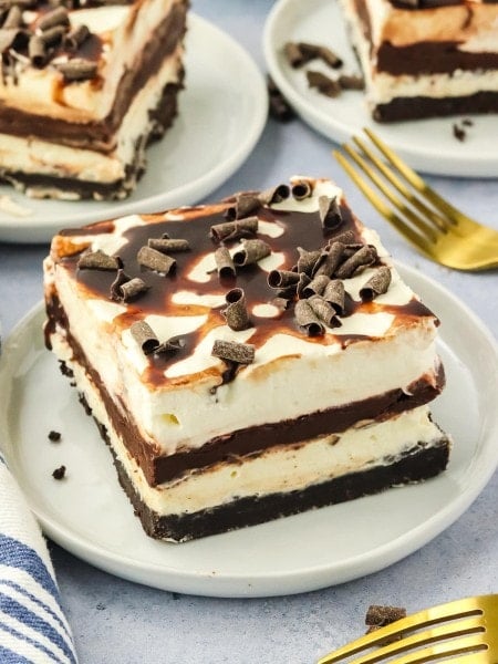 A slice of Chocolate Lasagna on a plate, resembling a chocolate lasagna.