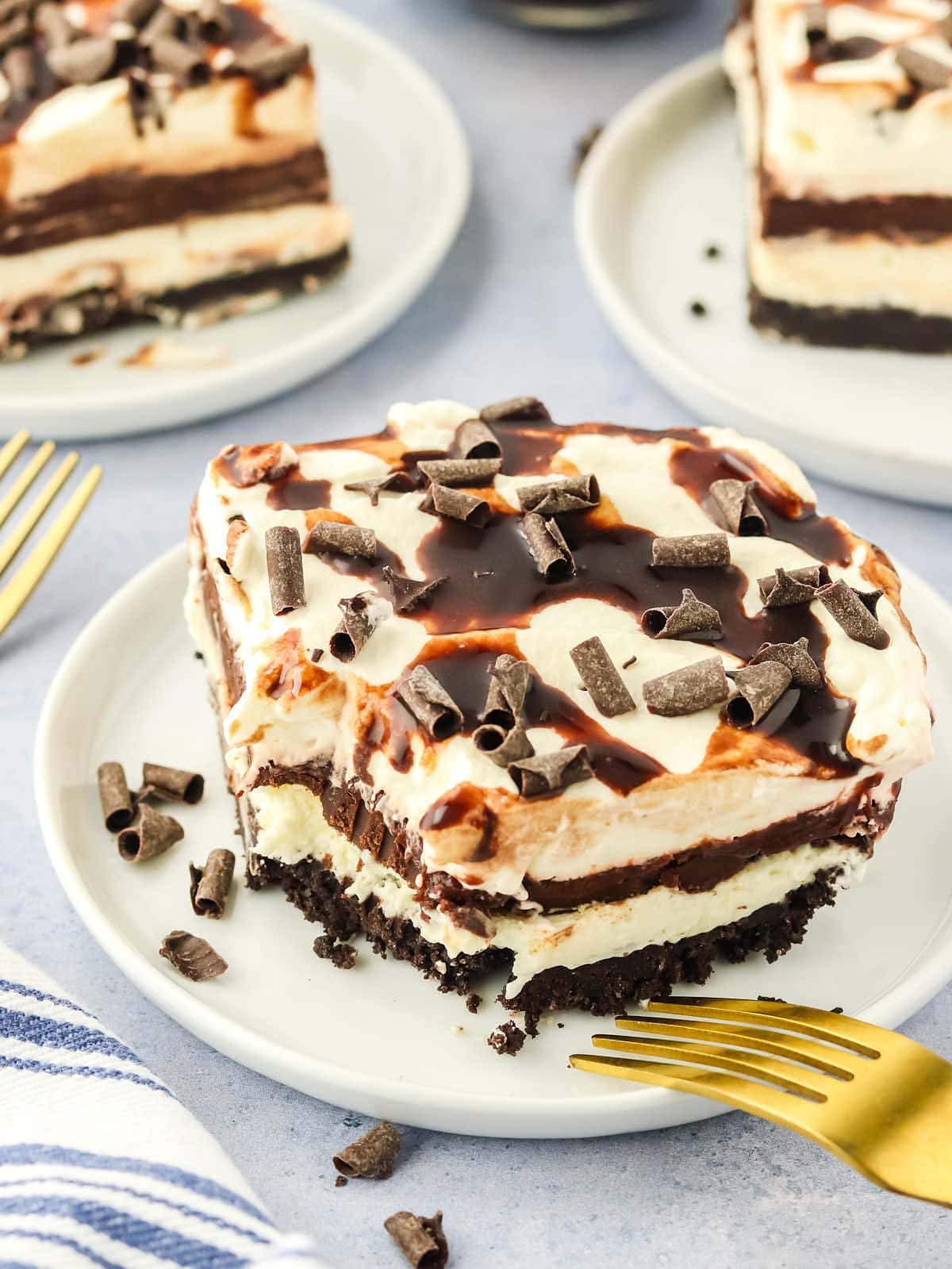 A slice of Chocolate Lasagna on a plate, resembling a decadent dessert similar to chocolate lasagna.