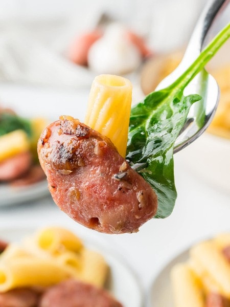 A forkful of Chicken and Sausage Pasta.