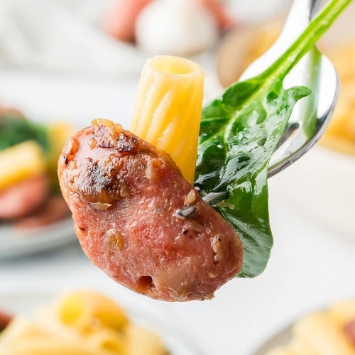 A forkful of Chicken and Sausage Pasta.