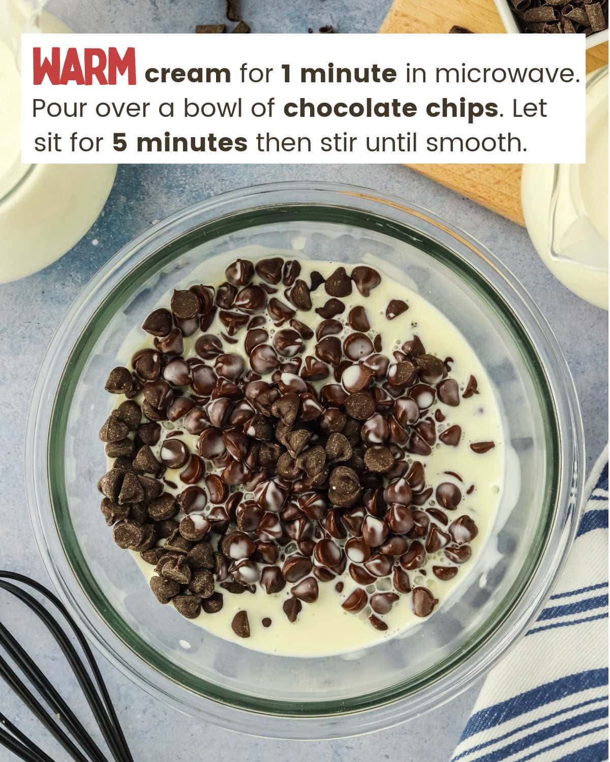 A bowl of chocolate chips and cream for making ganache