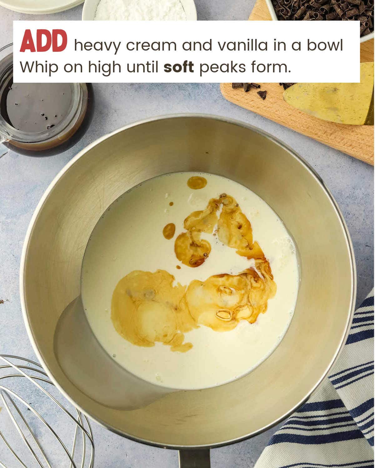 Add cream and vanilla in a bowl and whip on high until soft peaks form to make a delicious Chocolate Lasagna.