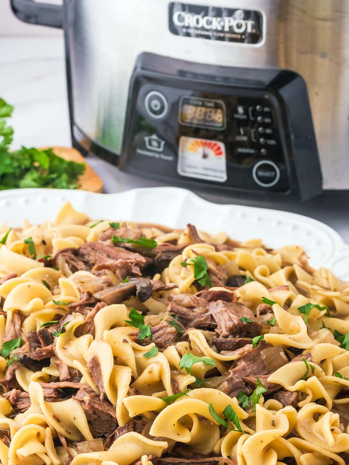 A plate of pasta with beef in front of a slow cooker.