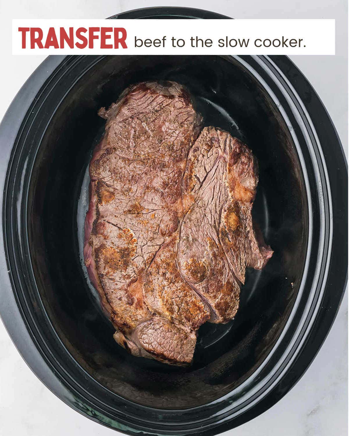 Transfer beef to the slow cooker for Crock-Pot Beef and Noodles